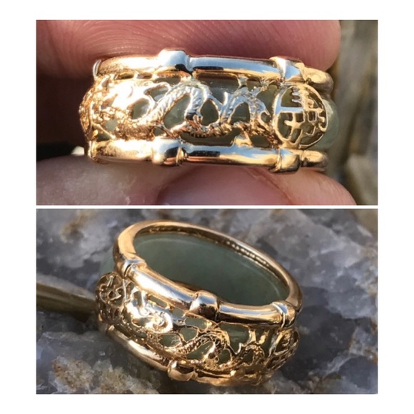 SANUK Jewelry - 14KT Yellow Gold Green Jade Dragon Ring Size 6